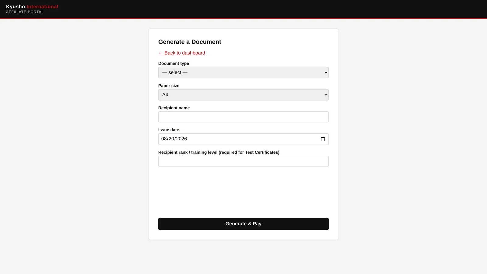 Certificate & License Generation System — affiliate portal document generation form