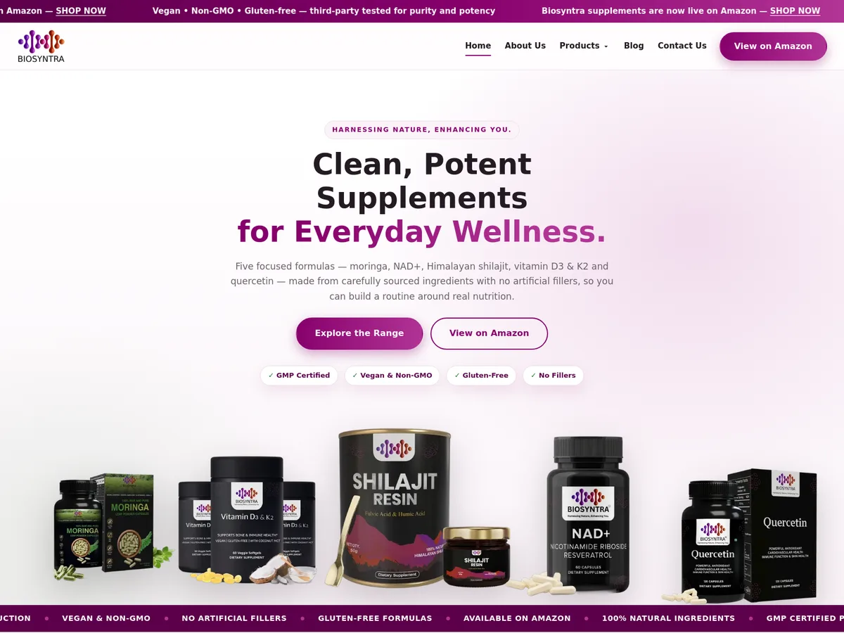Biosyntra homepage, clean, potent supplements for everyday wellness with the full product range