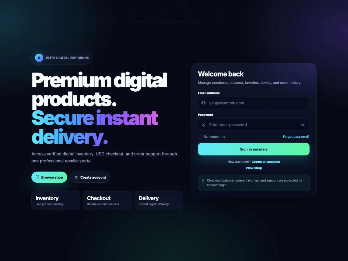 Digital marketplace storefront — premium digital products with secure instant delivery
