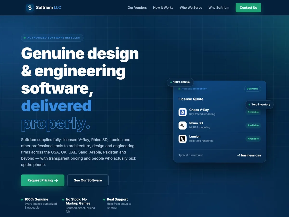 Softrium LLC homepage, genuine design and engineering software, delivered properly
